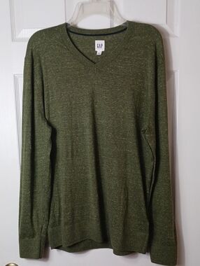 GAP Factory Heathered Olive Military Green V-neck Pullover Knit Sweater Size L